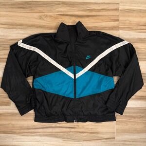 Vintage Nike Windbreaker Jacket Mens Medium Black Teal White Colorblock Zip Up